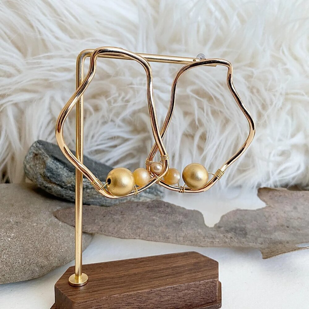 Faux Pearl wrapped Goldtone Stud Earrings, Wire Wrapped, Boho Bohemian Earring - Picture 5 of 9